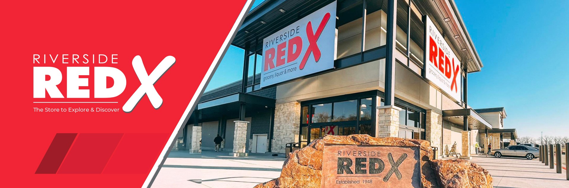 Front facade of Riverside Red X grocery and liquor store, showing entrance and signage