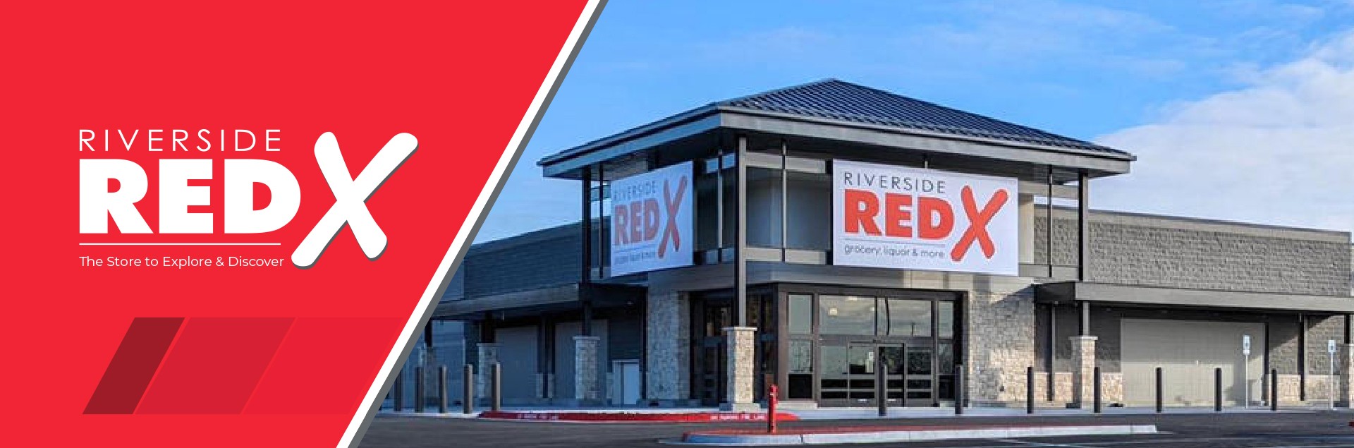 Front facade of Riverside Red X grocery and liquor store, showing entrance and signag